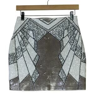 NWT Express Sequin Mini Skirt Womens XS White Silver Geometric High Rise NYE